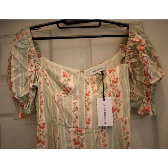 WeWoreWhat Women Sz 2 Green Victorian Floral Stripe Puff Sleeve Midi Dress - Picture 2 of 10